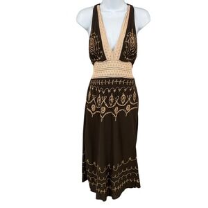 Venus Halter Dress Sz M Brown Cotton Smocked Boho Embroidered Crochet Festival